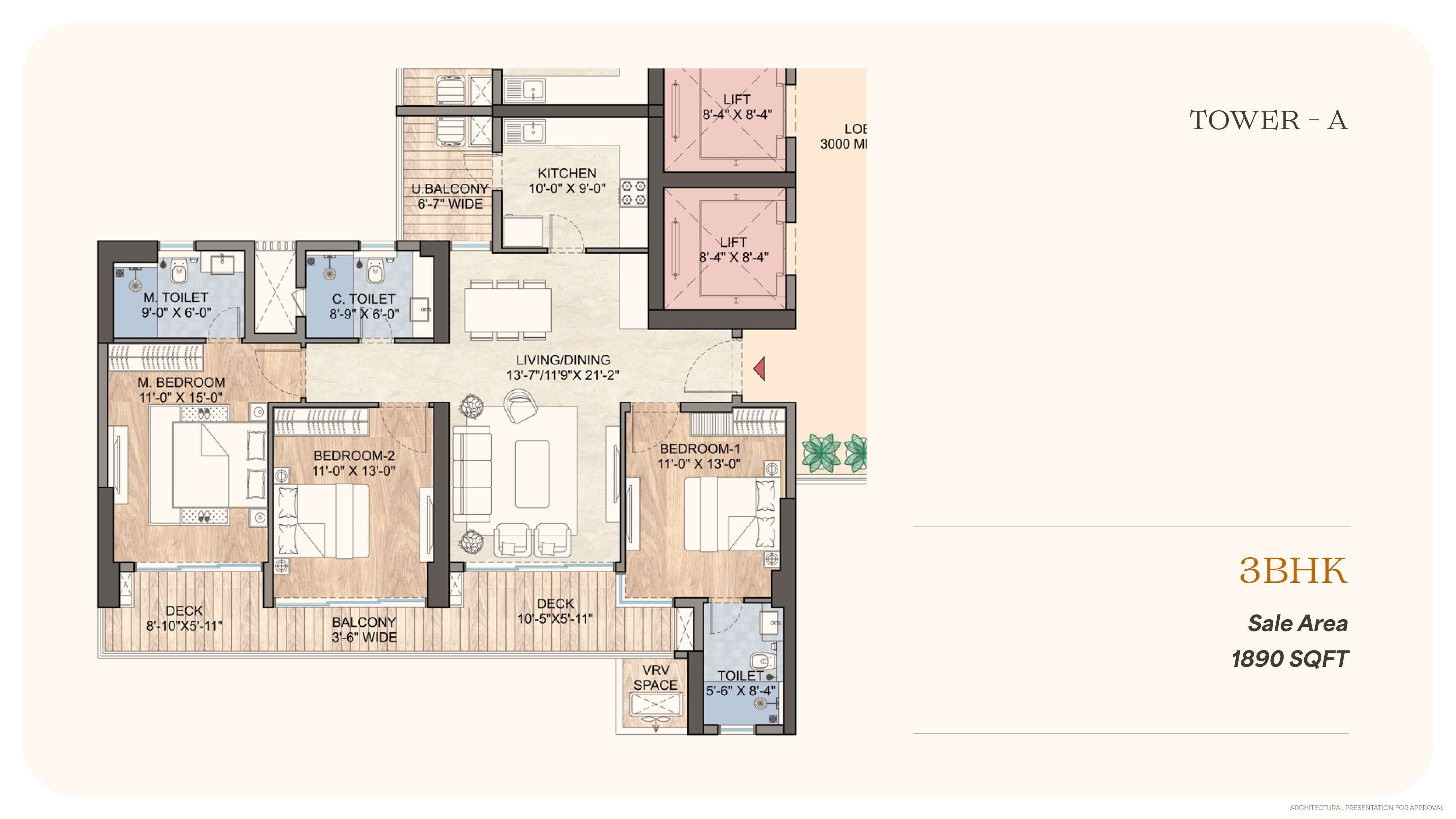 3 BHK Tower-A 1890 sq.ft